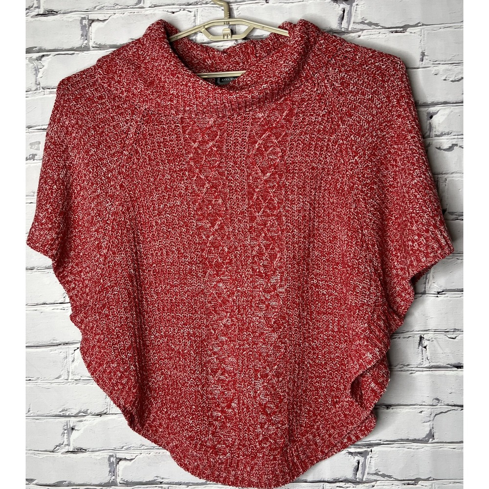 Red Textured Knit Poncho Sweater Top OS L / XL Cowl Neck Short‎ Sleeve Layering